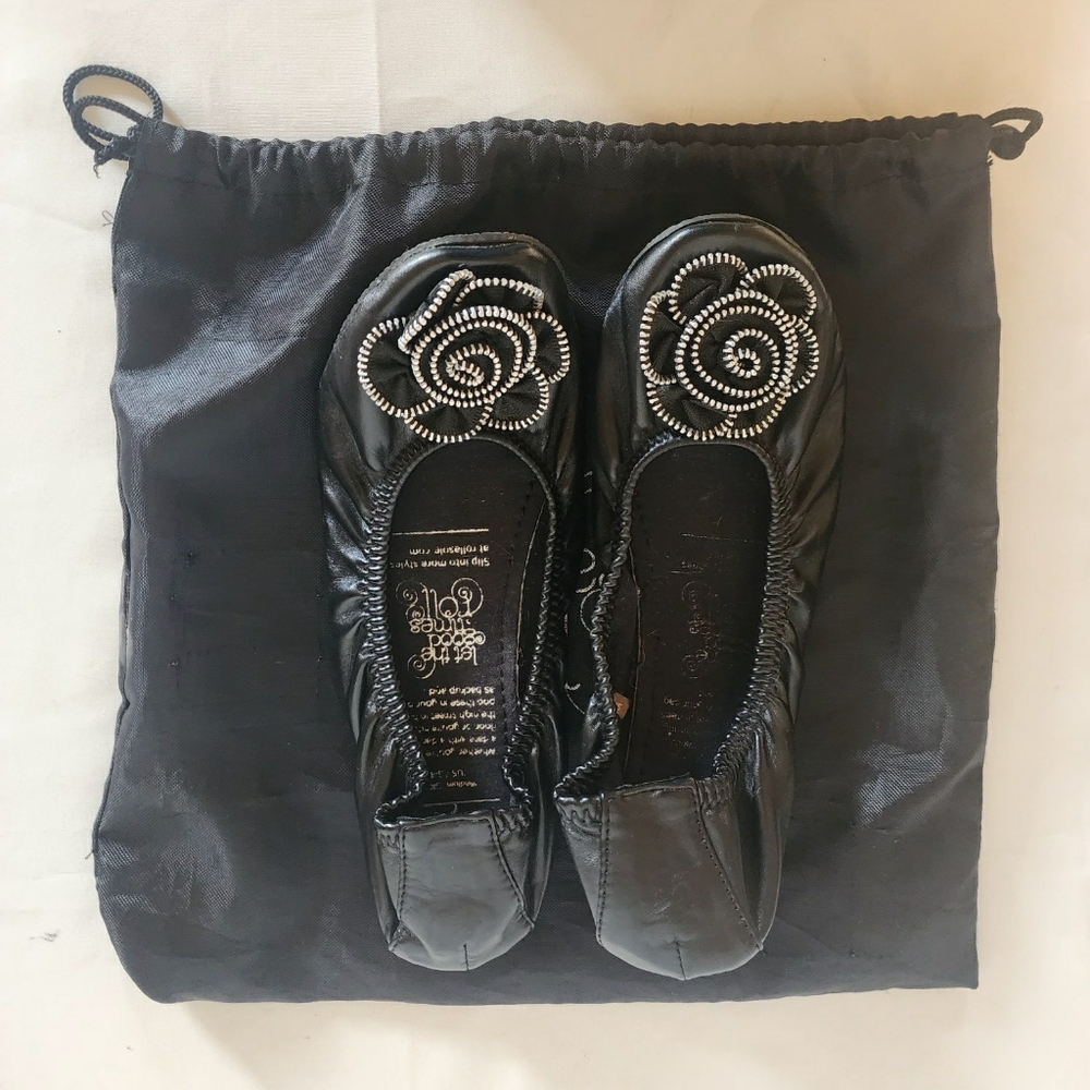 Rollasole Black and Silver Flats with Floral Embellishment